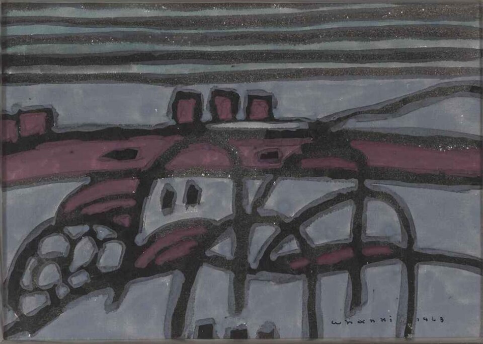 Kim Whanki's 1963 painting showing abstract village forms in grey and mauve — early expression of his language of restraint.