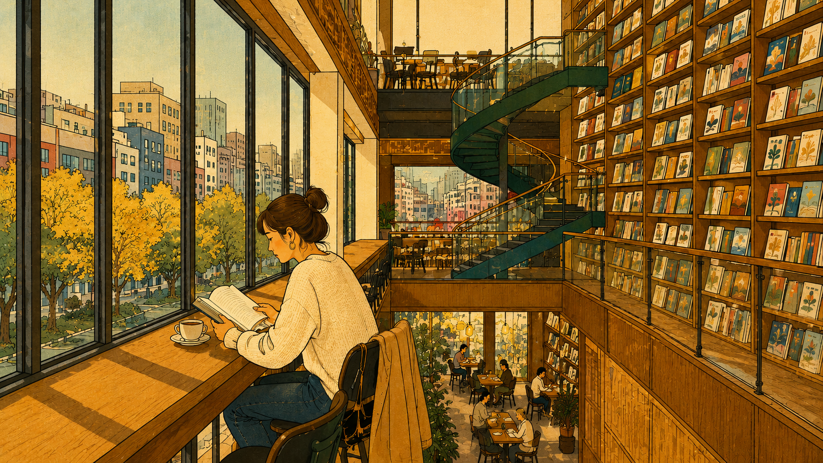 Illustrated scene of a Seoul Korean book café — a woman reads alone at a window seat, coffee beside her, the city in autumn color outside, strangers reading quietly below.
