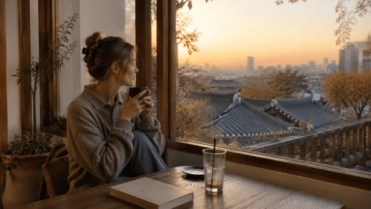A woman lingers at a Seoul café window at sunset — staying in Korean cafés long after the drink is finished, city skyline behind her.
