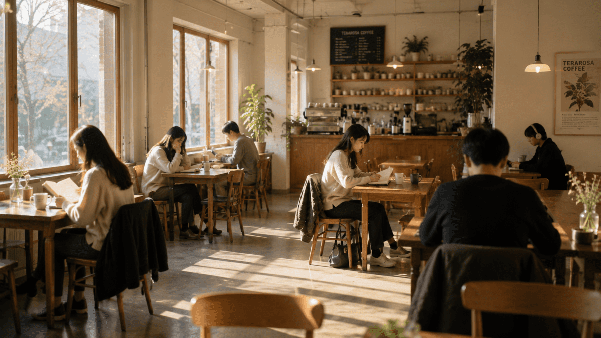 A quiet Seoul café interior where several people read and write in notebooks at separate tables, capturing the ambient sound of Korean café notebook culture on a sunlit afternoon.
