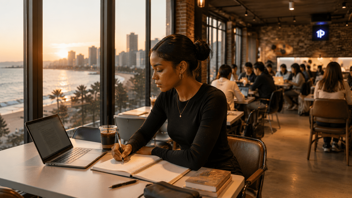 A student writes in a notebook at a Korean café study space at sunset, laptop and iced coffee beside her, studying in Korean cafés while the city coastline glows behind the glass.