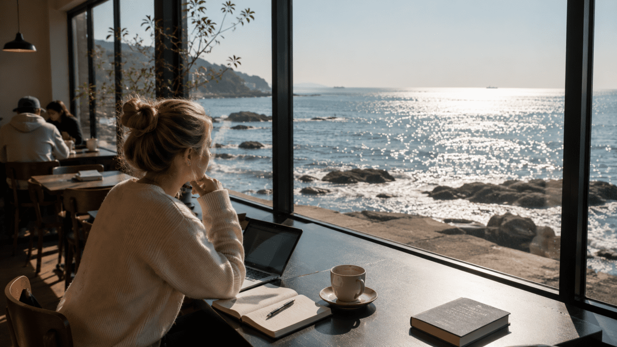 A woman sits with a finished coffee, open notebook, and laptop at a coastal Korean café — Korean café time culture where one drink buys hours, and nobody is counting.