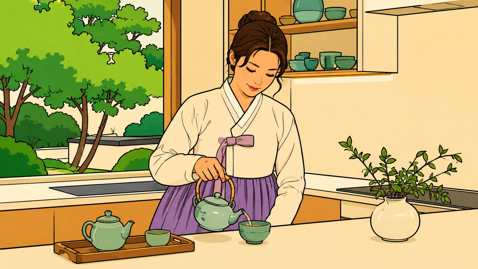A flat illustration of a woman in hanbok pouring Korean green tea — the pour itself is the pause the drink requires.