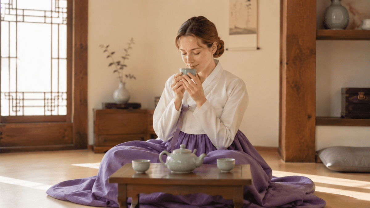 A woman in hanbok brings a celadon cup of Korean green tea close, eyes closed — the taste that arrives in layers, never all at once.