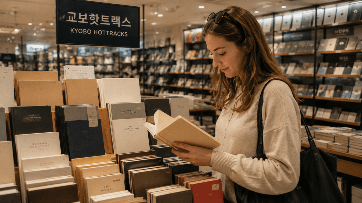 A woman practices Korean notebook culture, writing in a journal at a Seoul café window, with Kyobo and Hottracks signs visible on the street outside and stacked notebooks on the table beside her.