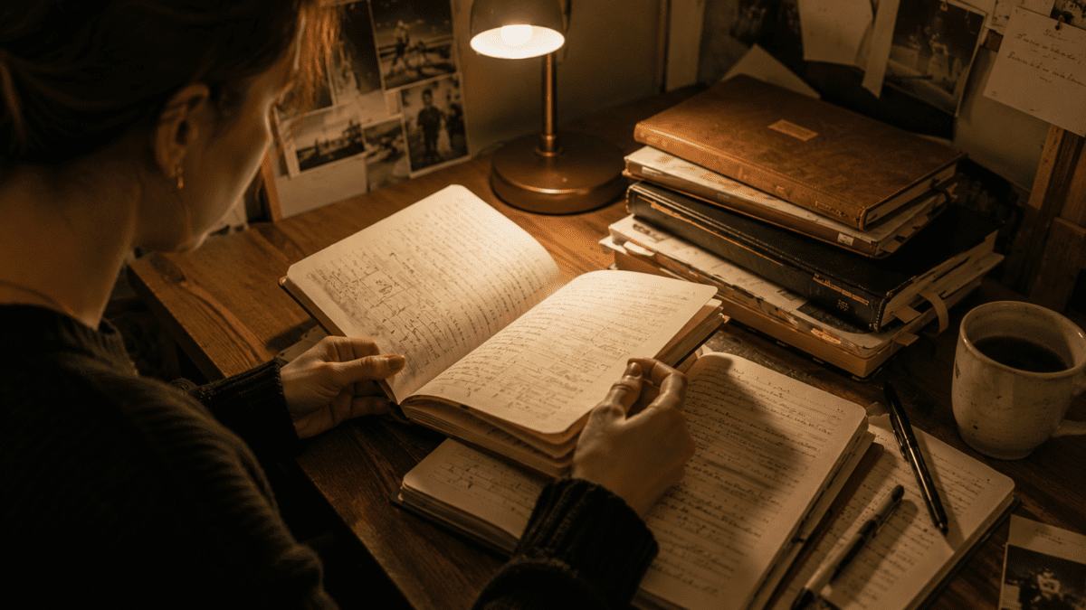 A woman reads through filled notebooks at a warm-lit desk, surrounded by stacked journals, loose photographs, a pen, and a ceramic mug of coffee.