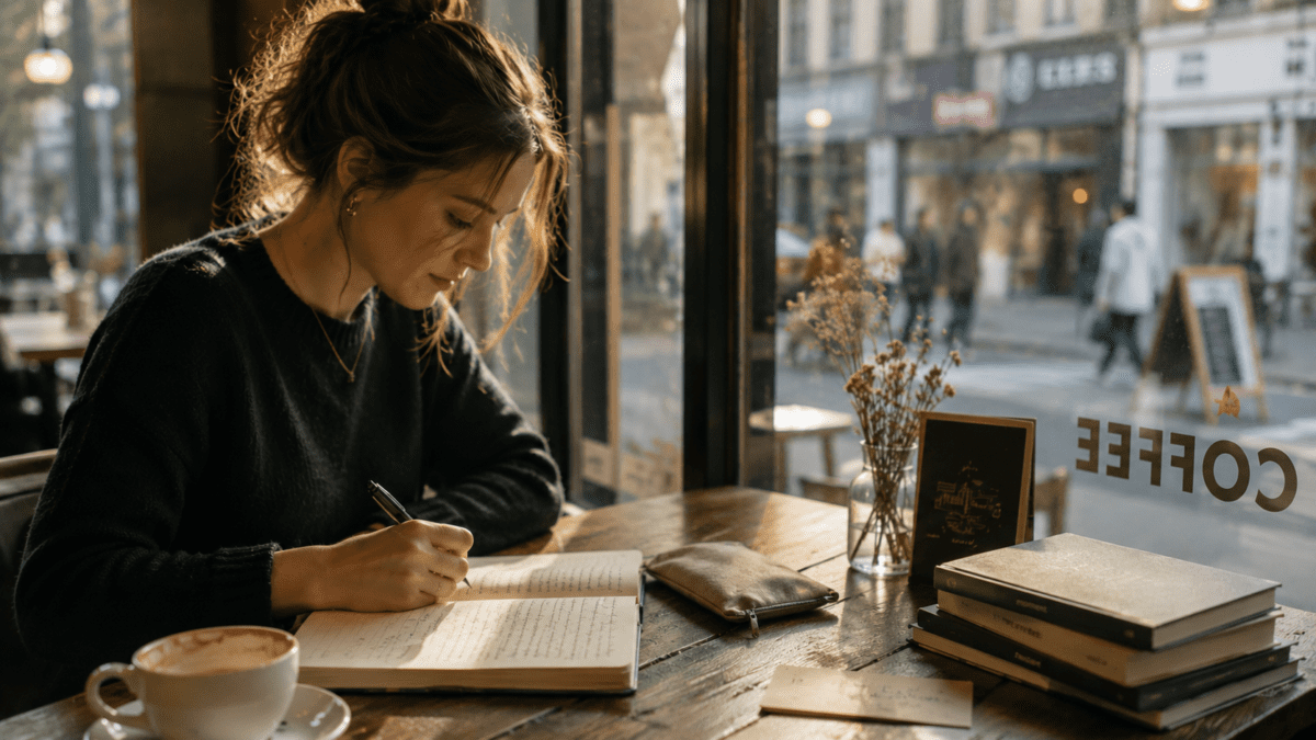 A woman writes in a notebook at a café window table, surrounded by stacked notebooks, a leather pouch, and a half-finished coffee. Natural light.