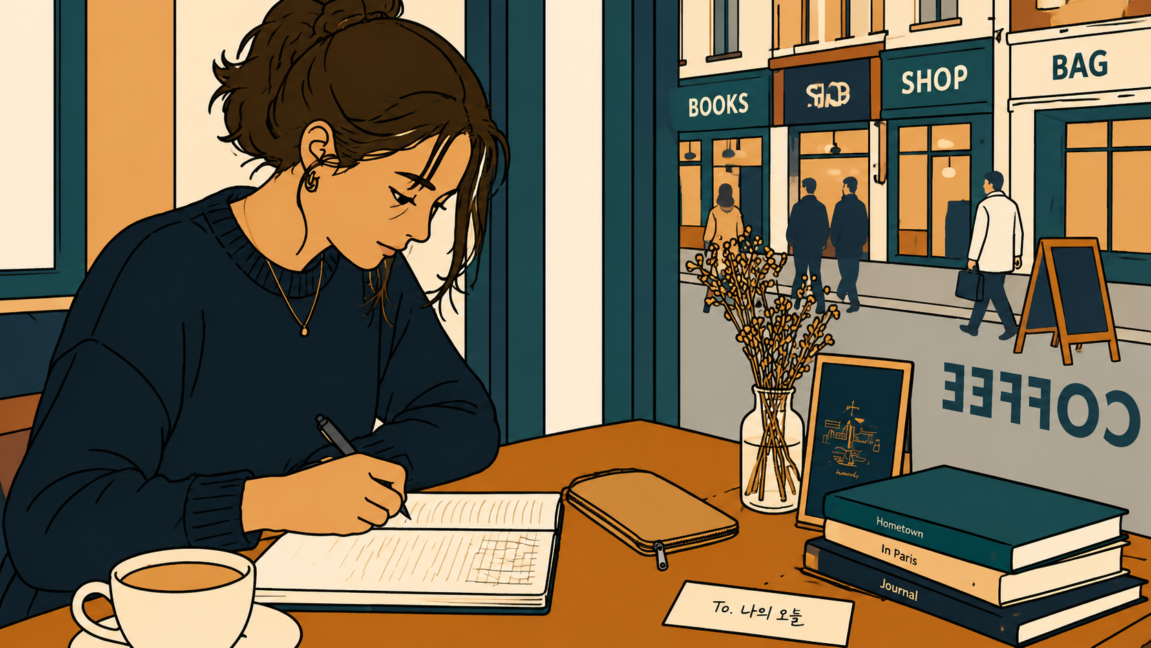 An illustrated woman writes in a notebook at a Seoul café window, with Kyobo and Hottracks signs visible on the street outside and stacked notebooks on the table beside her.
