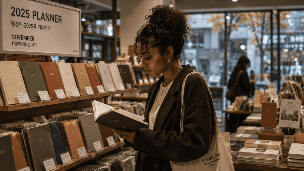 Woman browsing planners at a Seoul stationery store in November, flipping through a 2025 planner surrounded by earth-tone covers.
