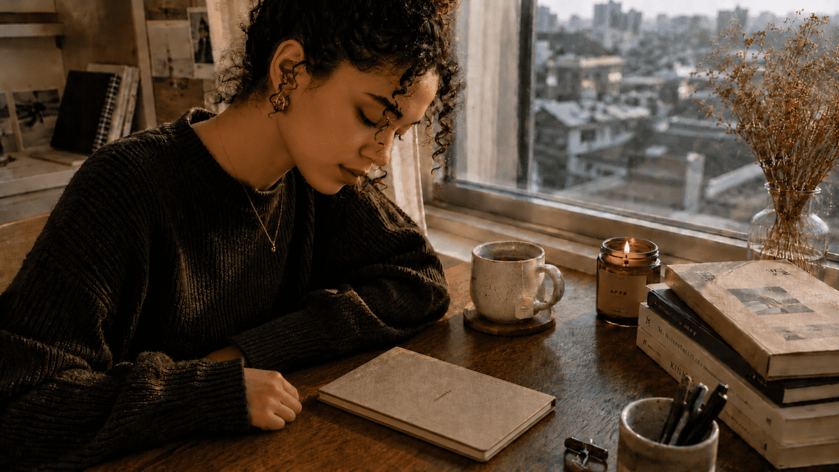 Woman sits with a closed planner at a Seoul window desk, a lit candle and tea beside her before a quiet morning begins.