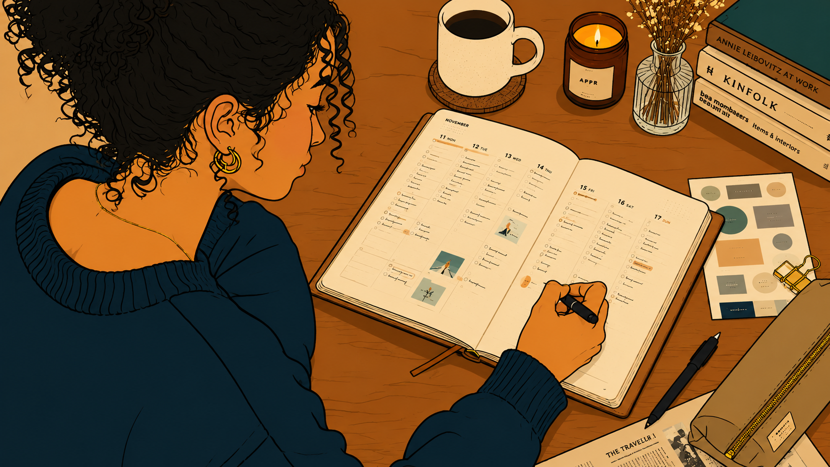An illustrated woman fills in her Korean planner culture weekly spread in November, with a candle, tea, and Kinfolk books arranged on the warm-toned desk beside her.