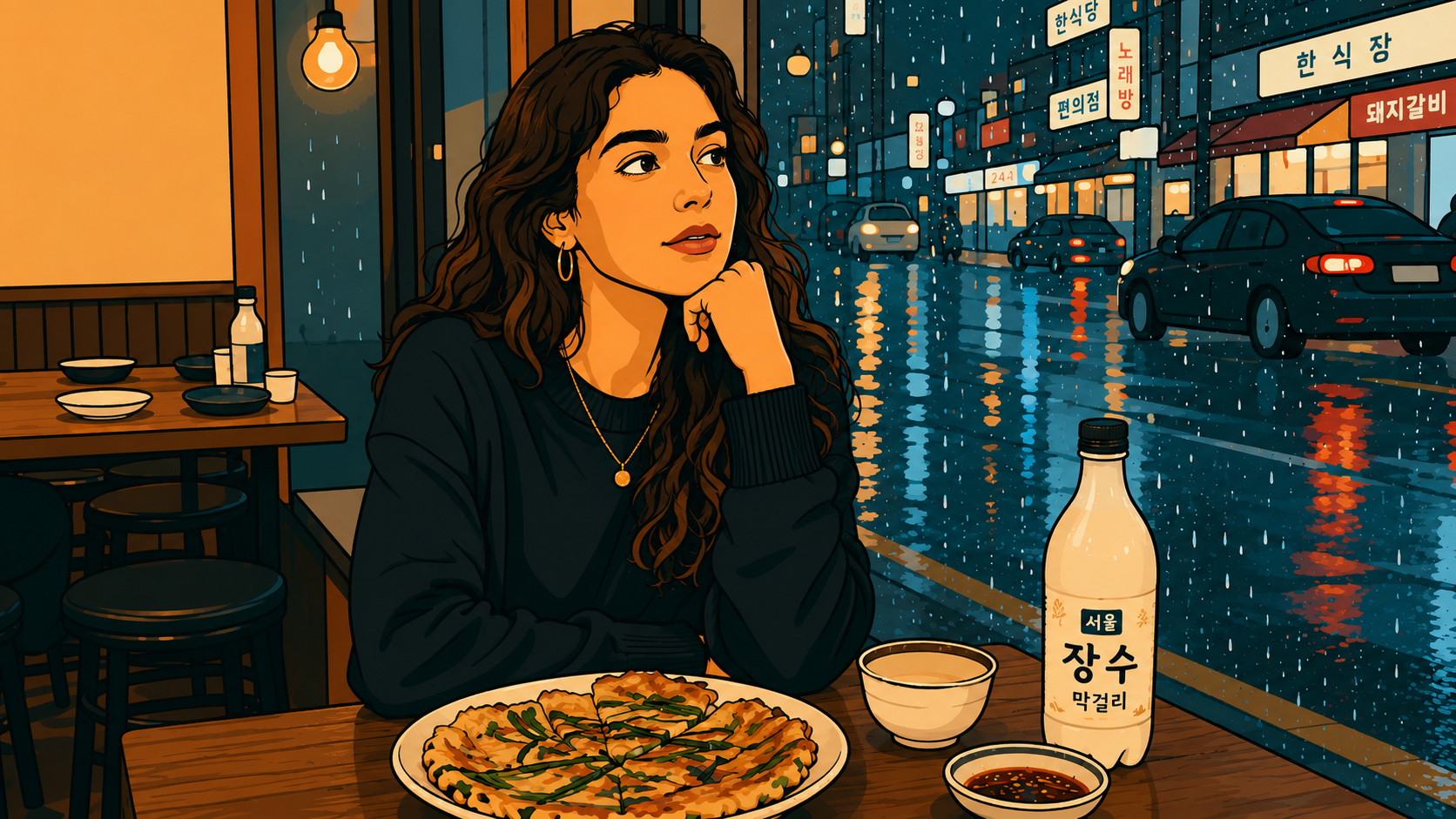 Minhwa-style illustration of a woman at a Korean restaurant with pajeon and makgeolli, rainy Seoul street glowing behind her — korean rainy season culture
