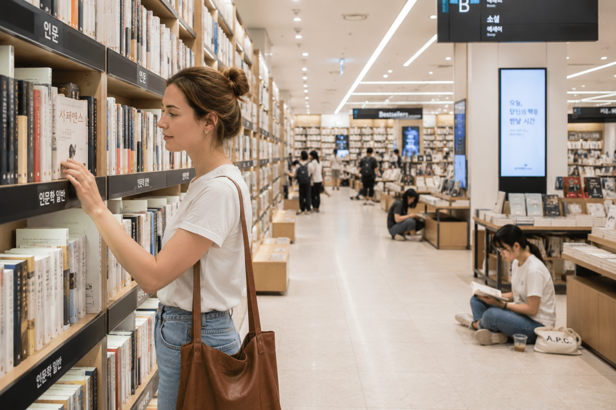 A young woman browses the humanities shelves of a large Seoul bookstore — a quiet scene that captures Korean reading culture at its most ordinary.