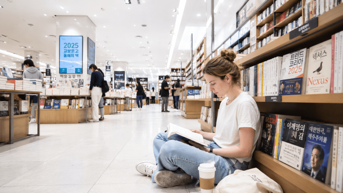 A woman sits on the floor of a Seoul bookstore, fully absorbed in a book — browsing without buying, exactly as Korean reading culture allows.