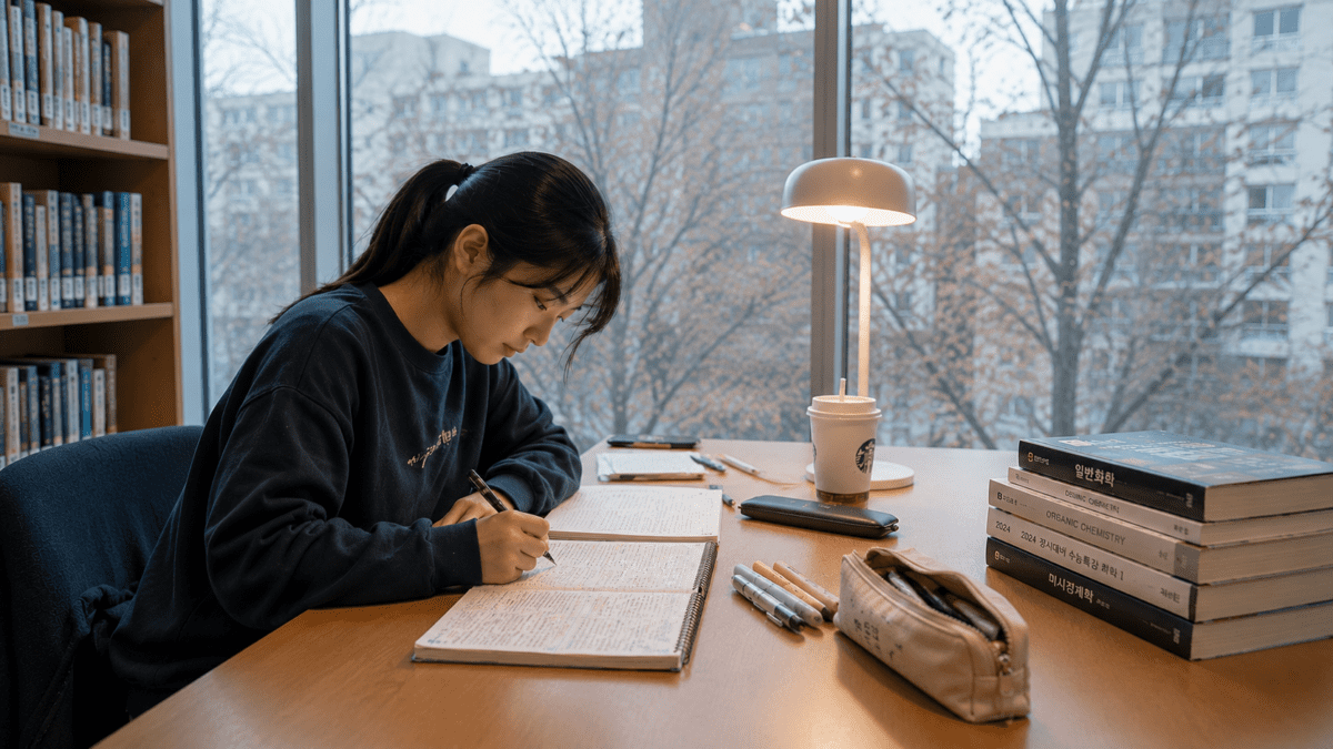 A Korean student practices Korean study habits at a university library desk, rewriting notes by hand with highlighters, a pencil case, and stacked Korean textbooks beside her.