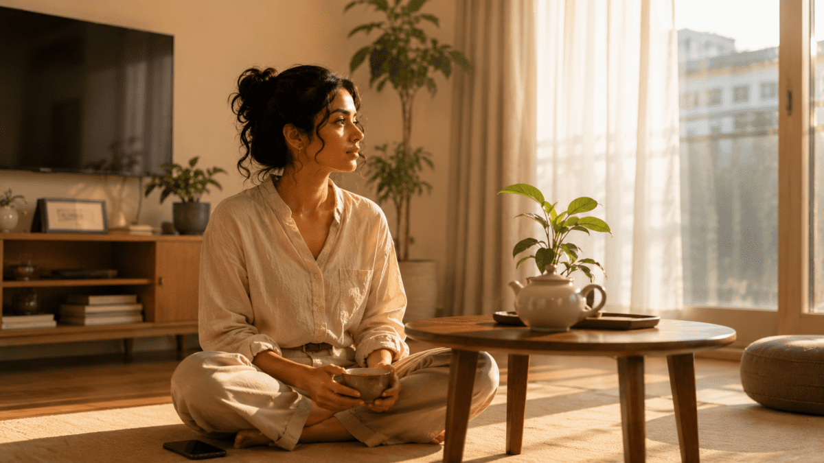 A woman sits cross-legged on her apartment floor, tea in hand, phone face-down — why Korean tea culture keeps coming back into modern daily life.