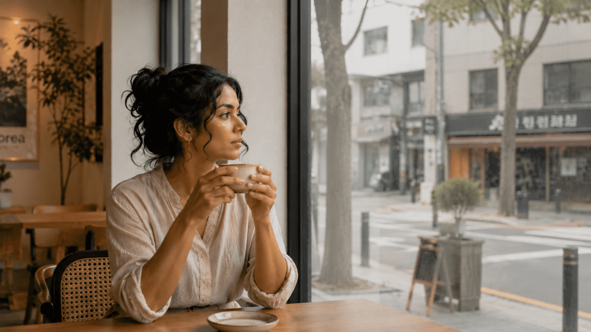 A woman holds a tea cup at a Seoul café window — what Korean tea culture offers that coffee doesn't: stillness inside the city's pace.