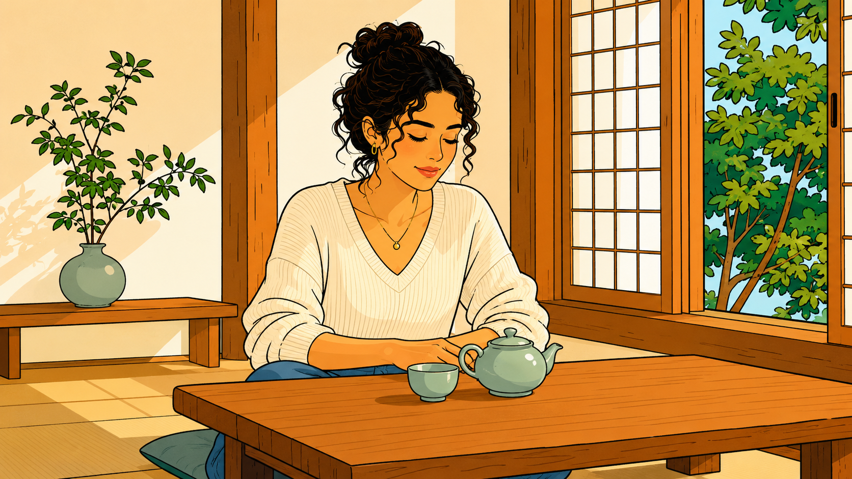 Illustration of Korean tea in a traditional teacup with quiet flowing lines, symbolizing calm attention and unhurried daily rhythm.