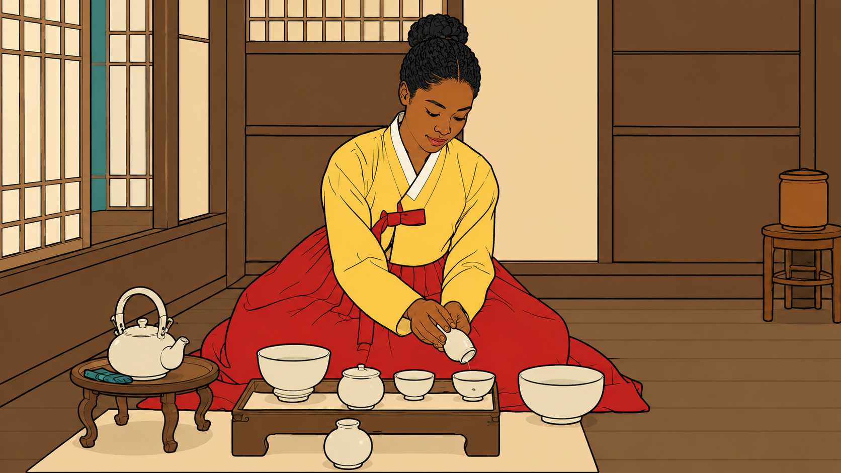 A flat illustration of a woman in hanbok arranging tea bowls inside Korean tea houses — structure and stillness in every gesture.
