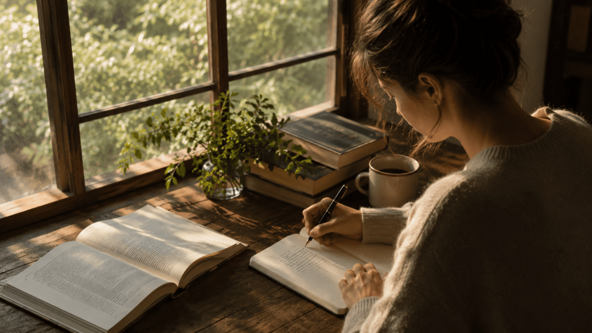 A woman practices Korean transcription writing at a window desk — open book on the left, notebook on the right, pen moving slowly in the morning light.