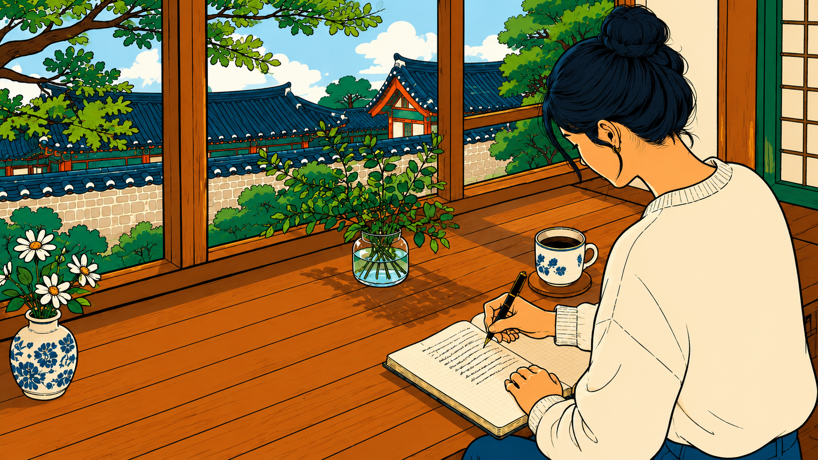 Illustrated scene of Korean transcription writing — a woman copies sentences by hand, palace rooftops visible through the window, coffee and flowers beside her.