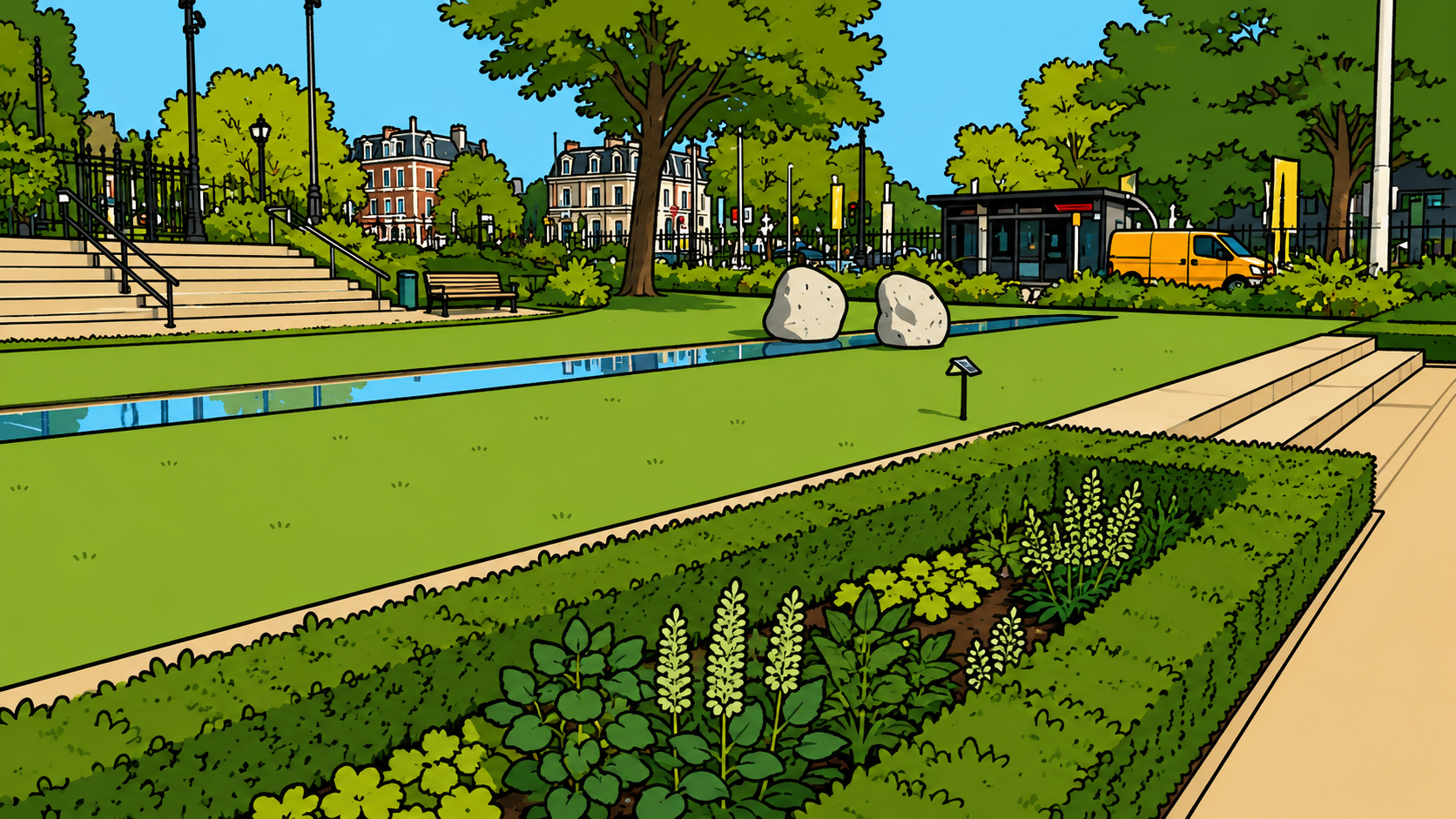 Illustrated Lee Ufan silence inspired landscape with stones, reflection, and minimalist space