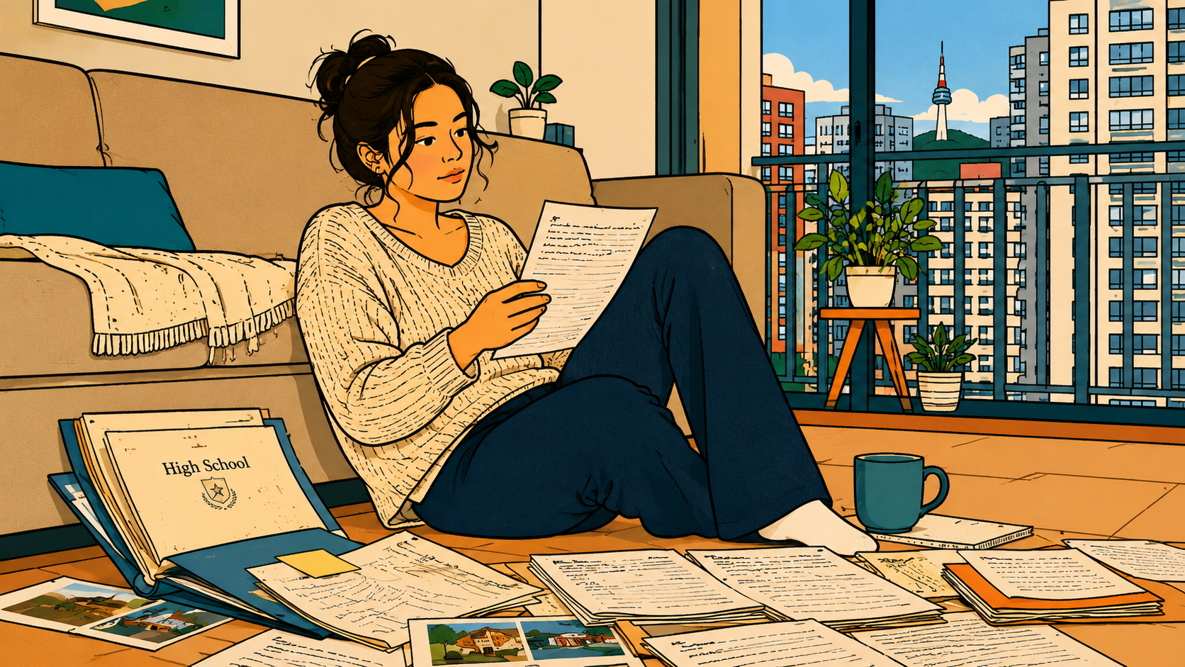 A woman sits on her apartment floor in Seoul, holding a high school document — reading the life plan she made at 18 for the first time in years.