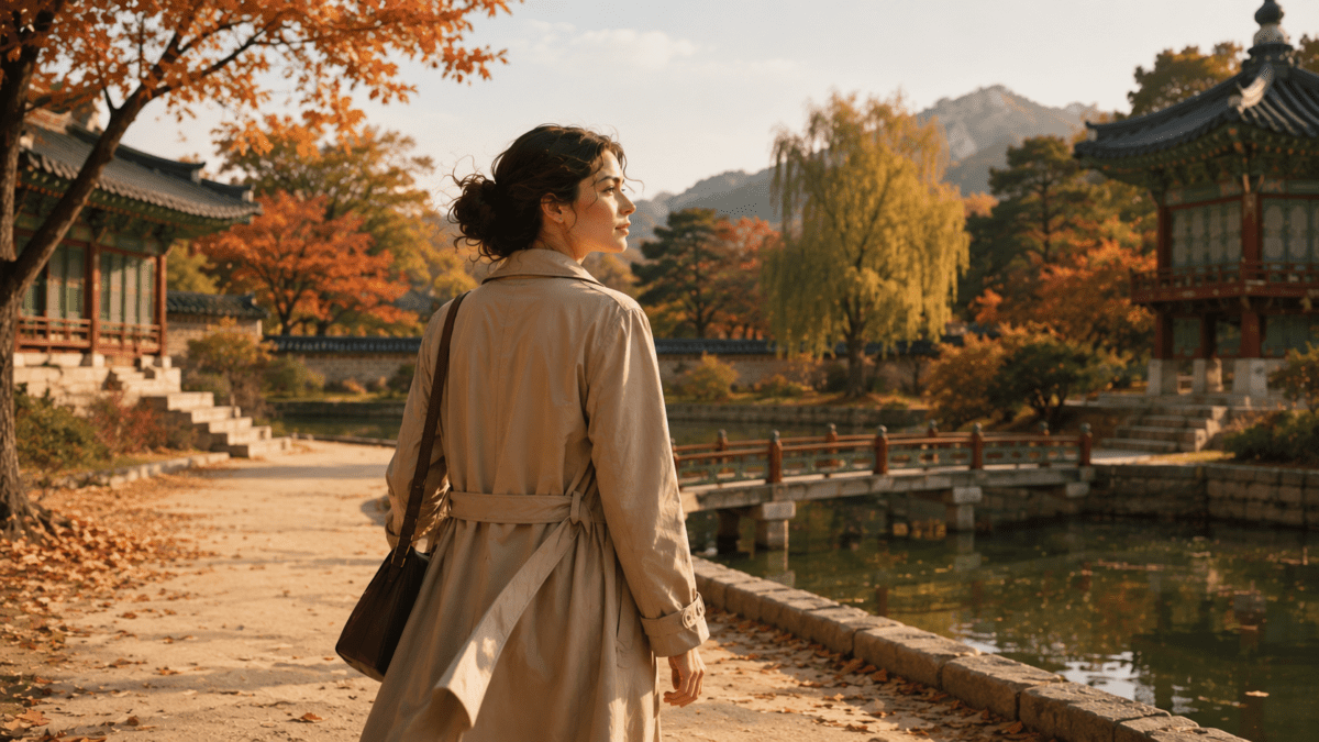 Palace garden in autumn, fallen leaves underfoot. Life timing shifts like seasons — the same path feels completely different when your internal clock changes.