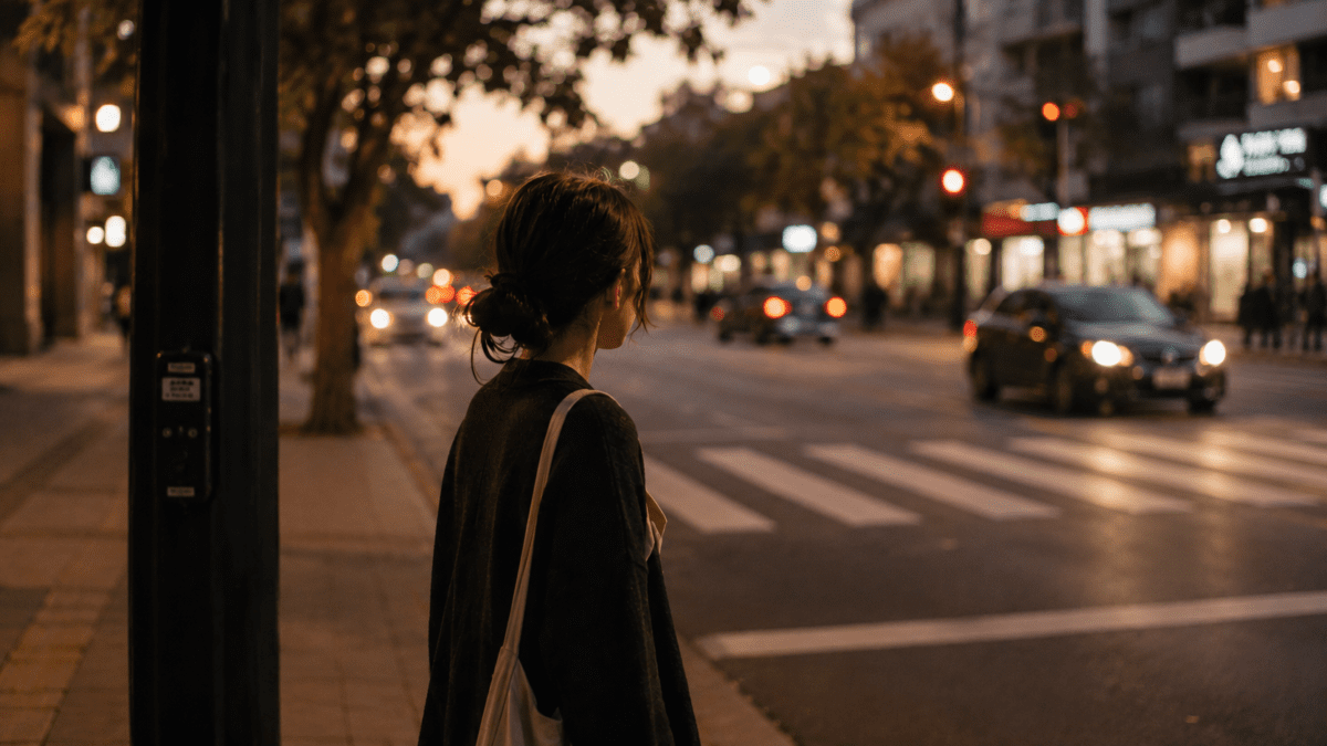 A woman stands alone at a city crosswalk at dusk, looking at the street ahead — a quiet moment of mind hacking, pausing before the next move.