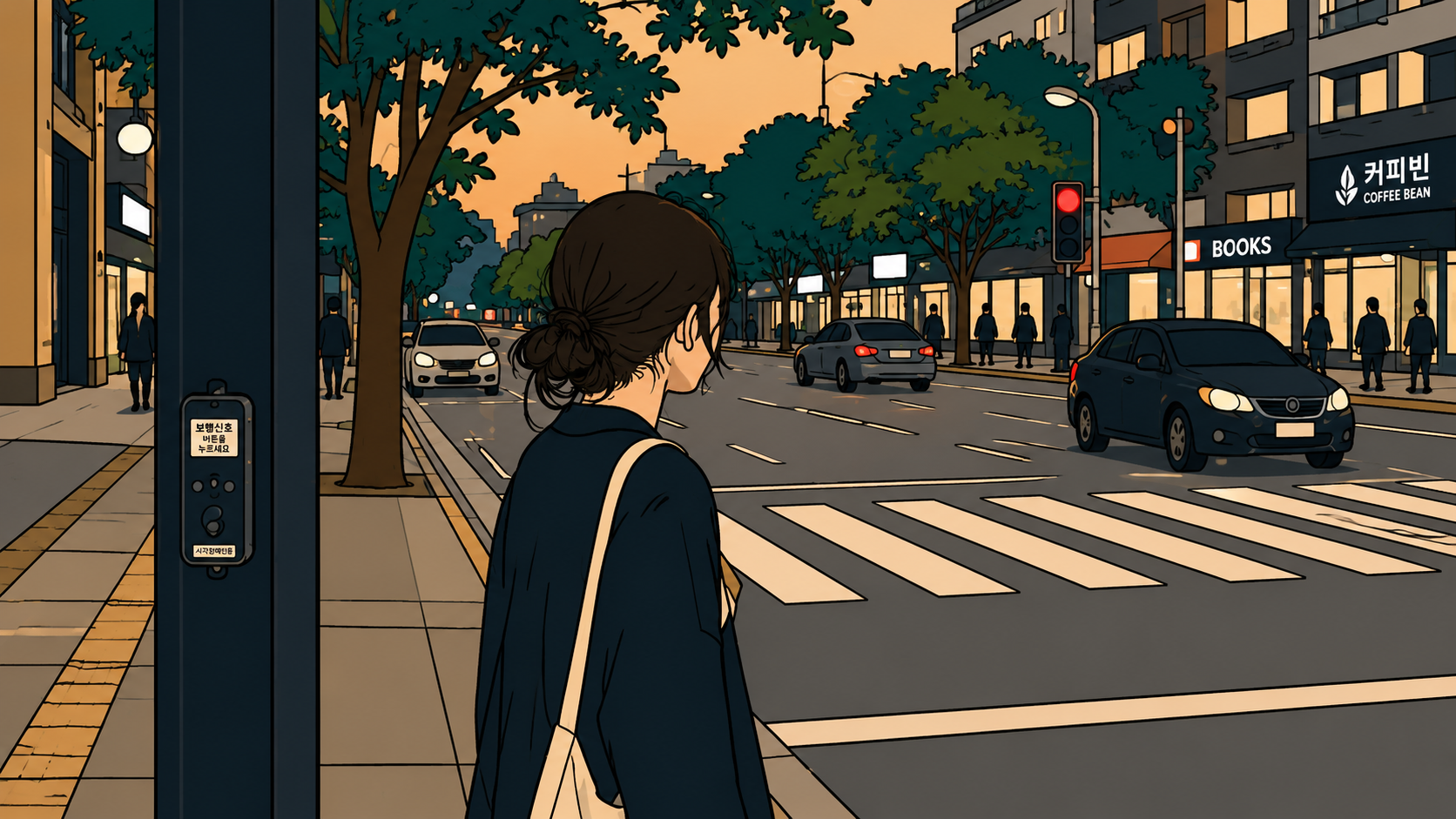 An illustrated woman stands at a Seoul crosswalk at dusk, waiting at a red light — a mind hacking moment of pause before the next repeating pattern begins