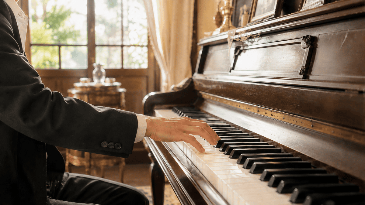 Young man's hand rests on piano keys in a wealthy 1930s Seoul home — the sound Nam June Paik would later break.