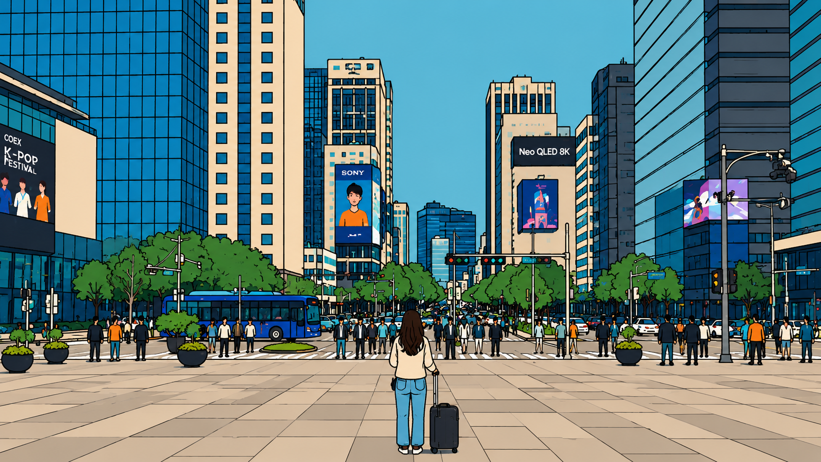 A woman with a suitcase standing before the Seoul cityscape — Nam June Paik rediscovered, illustration