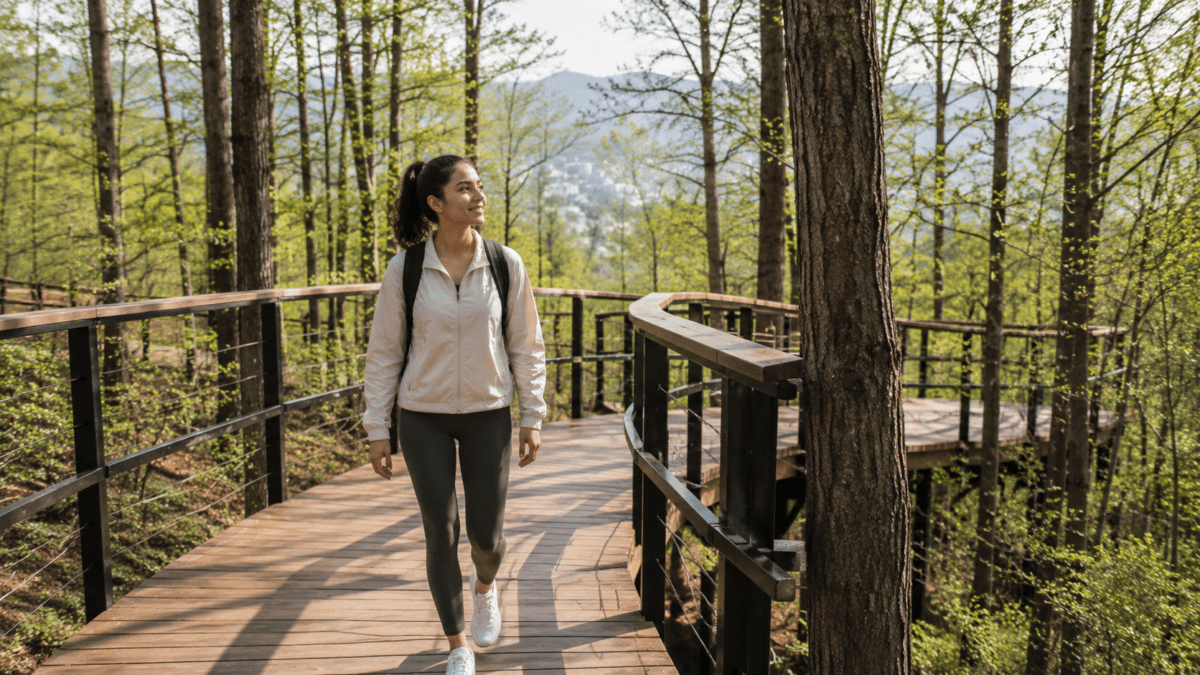 Woman walks along the winding wooden boardwalk through tall trees and mountains visible in the early spring light.