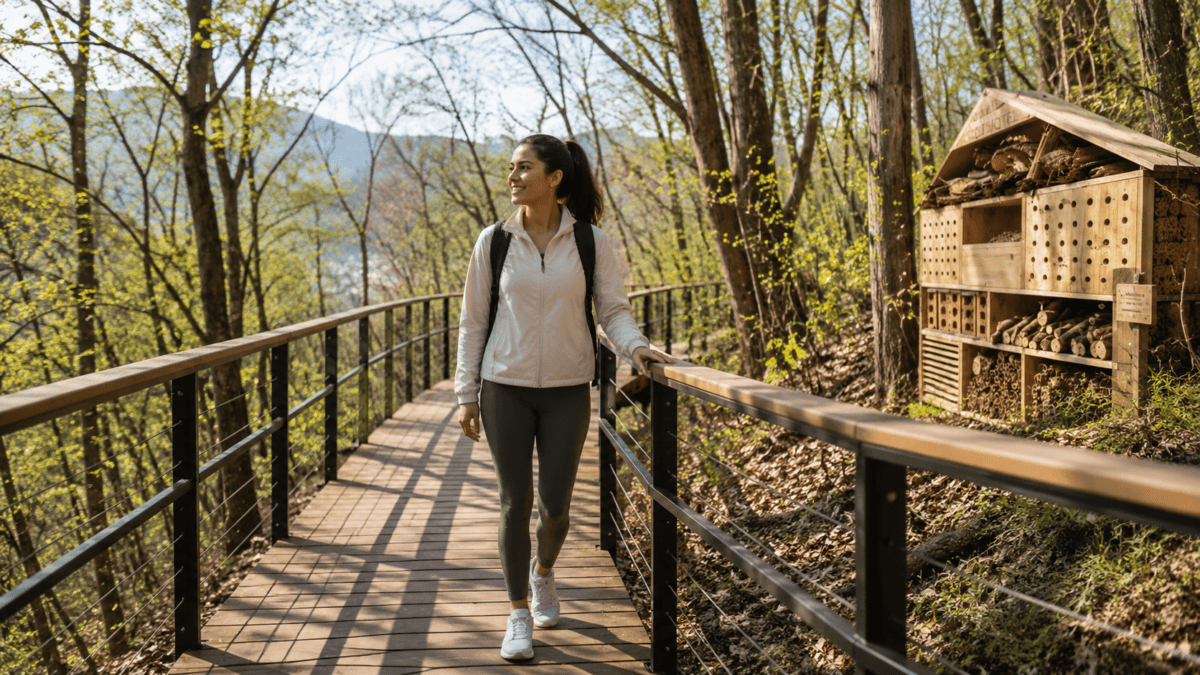 Woman walks past an insect hotel on the elevated deck, wooden habitat structure made from salvaged logs visible beside the path.