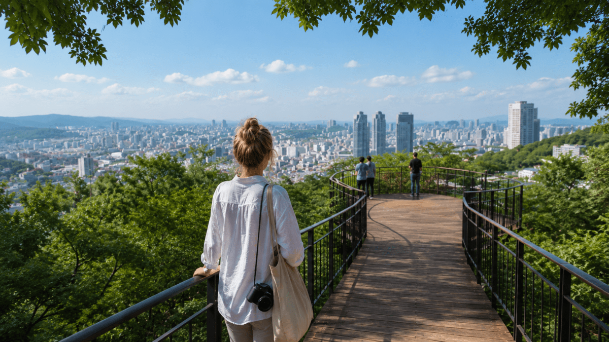 Woman with a camera looks out over Seoul's cityscape from a forest deck, green canopy framing the skyline on a clear day.