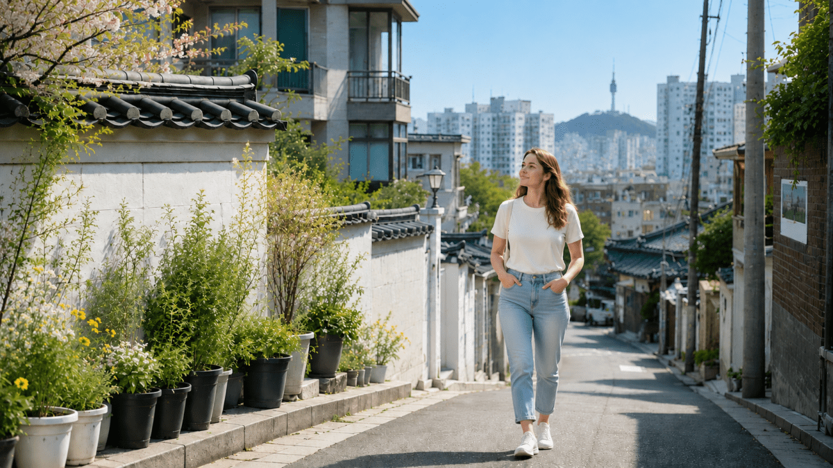 Seoul neighborhood walk captured — woman alone on a quiet alley, potted plants lining the wall, Namsan Tower in the distance.