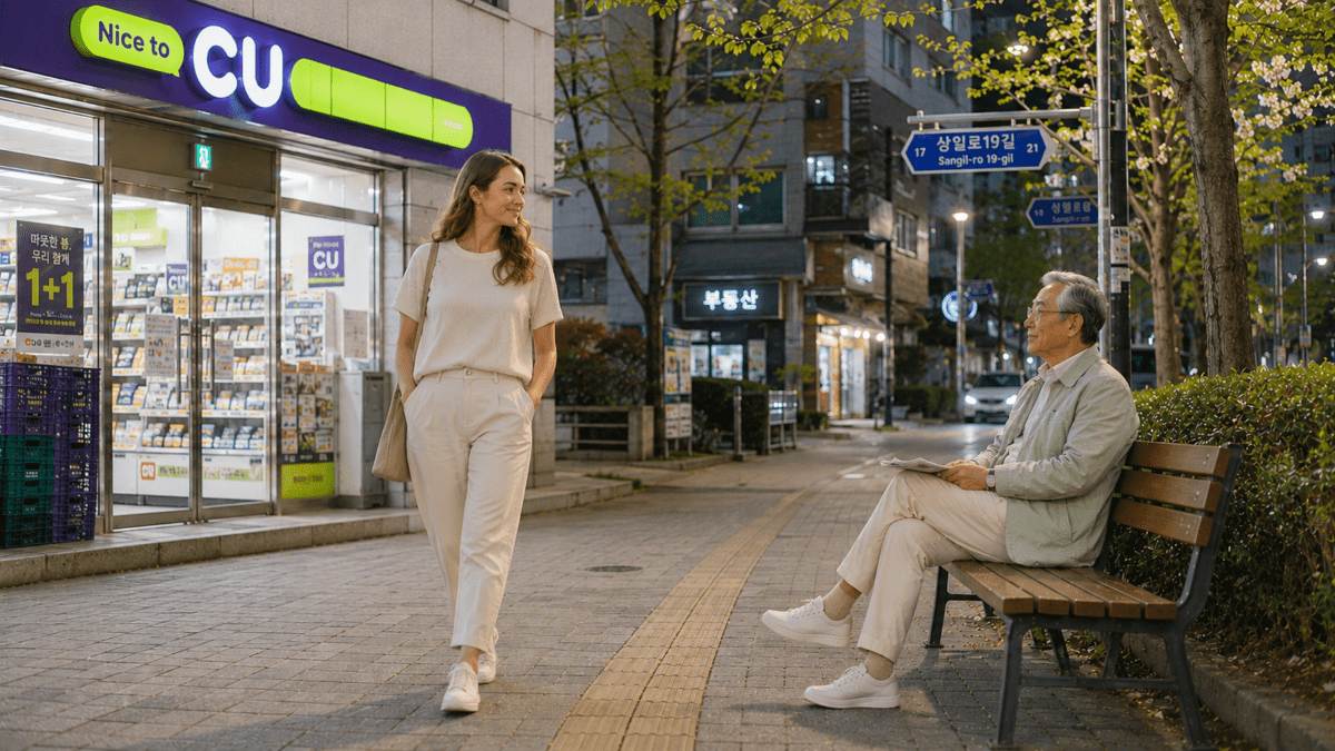 Woman walks past a convenience store at night, exchanging a glance with an elderly man on a bench — familiar strangers on an evening route.