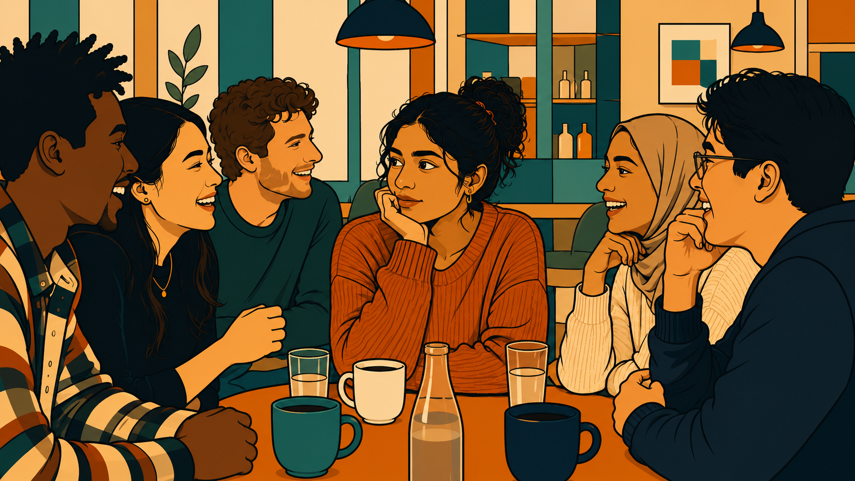 A modern minhwa-style café scene showing a woman quietly reading social tension while others laugh around the table.