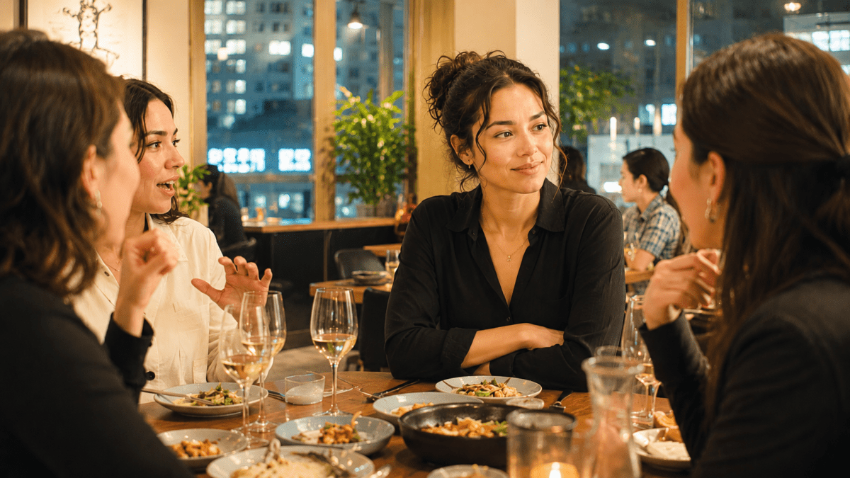 Outgrowing your life plan shows up at dinner tables too — a woman smiles with friends in Seoul, saying "fine" while something goes unnamed.