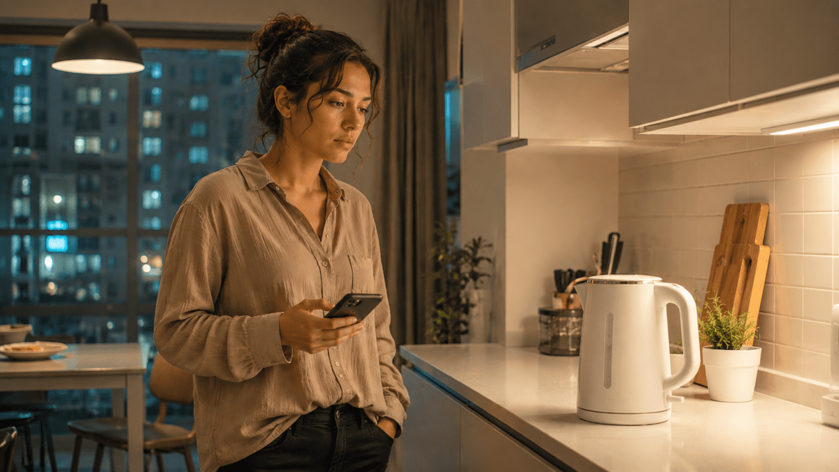 Outgrowing your life plan looks like this — phone in hand, kettle boiling, feeling nothing after an email that said excellent.