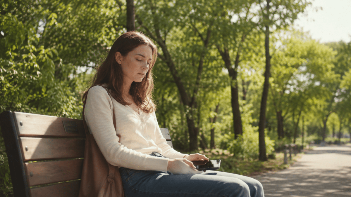 Woman setting her phone down on a park bench, lost in thought after the call — parents' financial worry
