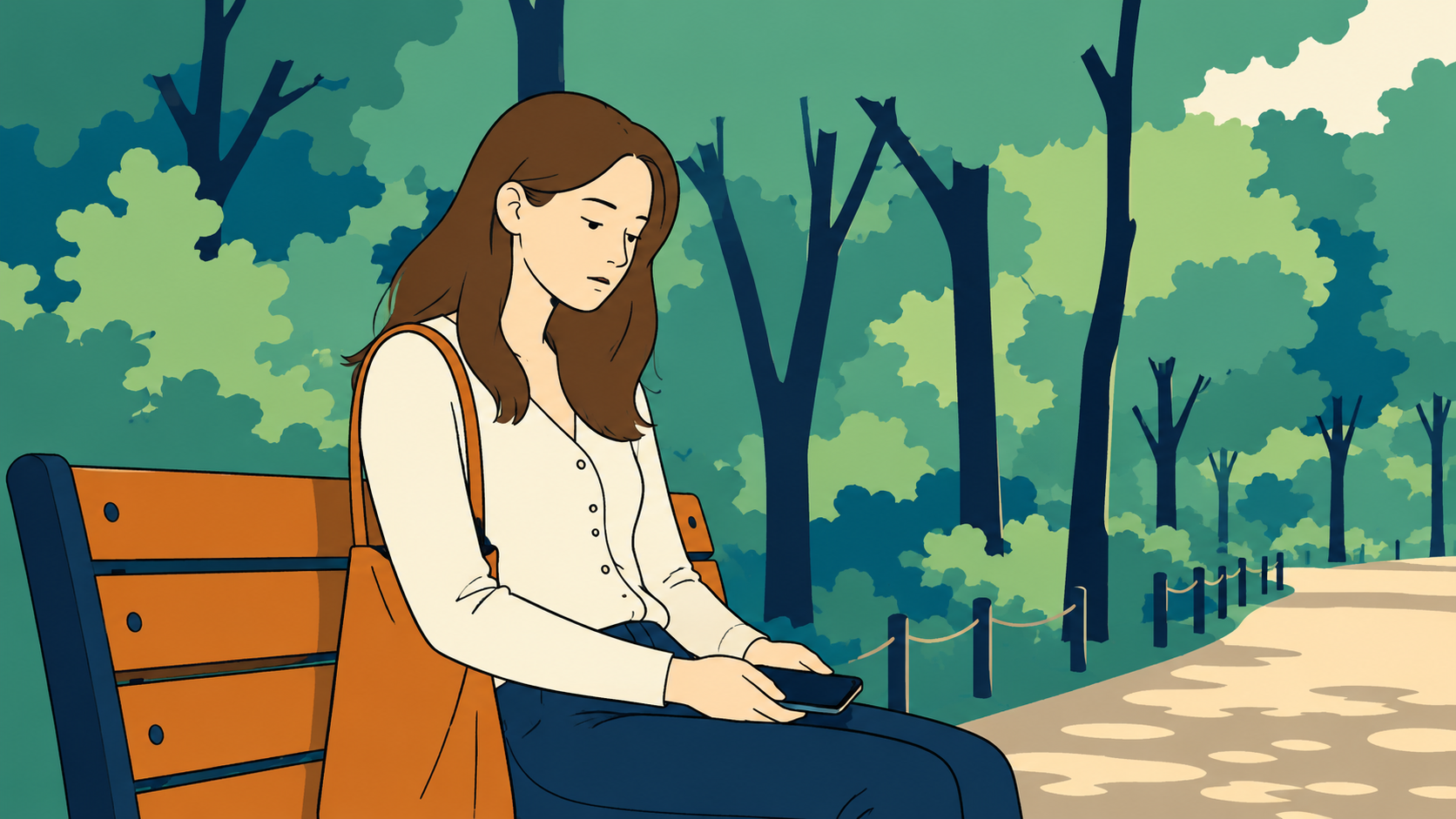 Illustrated woman sitting on a park bench, looking down at her phone after the call — parents' financial worry