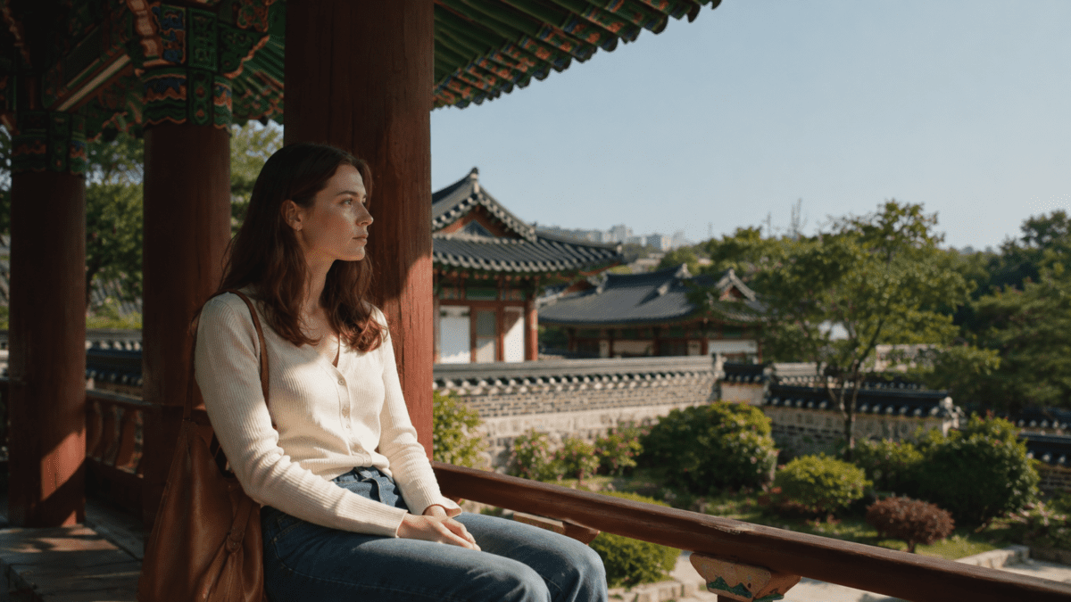 Woman sitting calmly in a traditional hanok pavilion, looking out over the grounds — parents' financial worry
