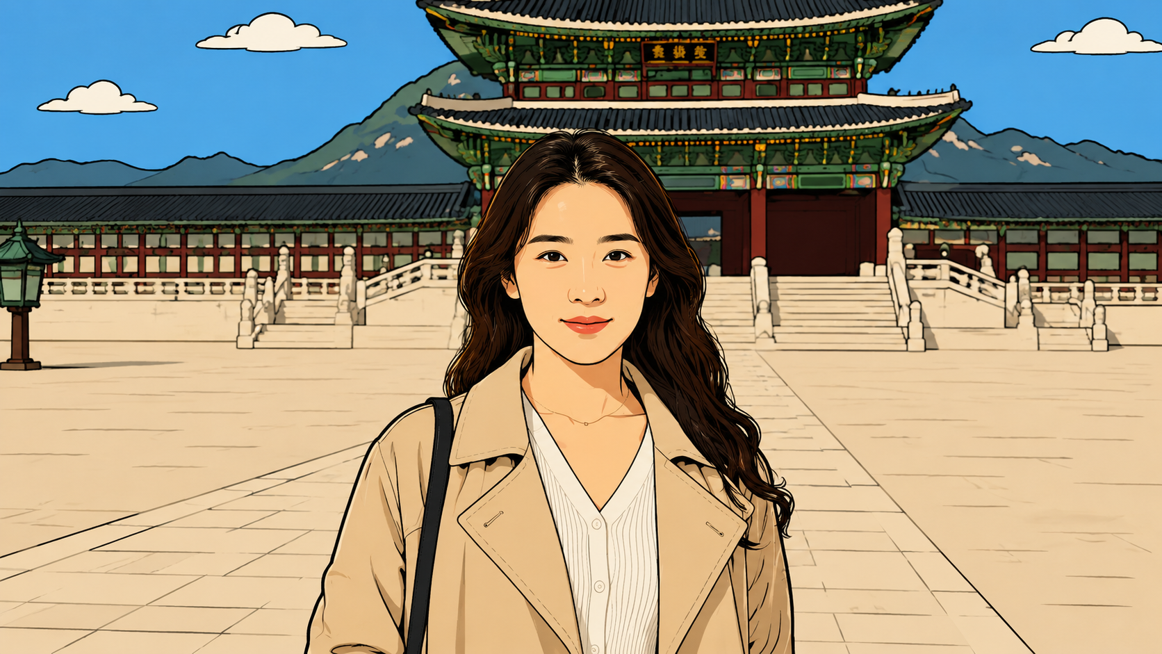 A woman standing in front of Gyeongbokgung Palace in minhwa style — peer strength and Bi-gyeon in K-Saju.