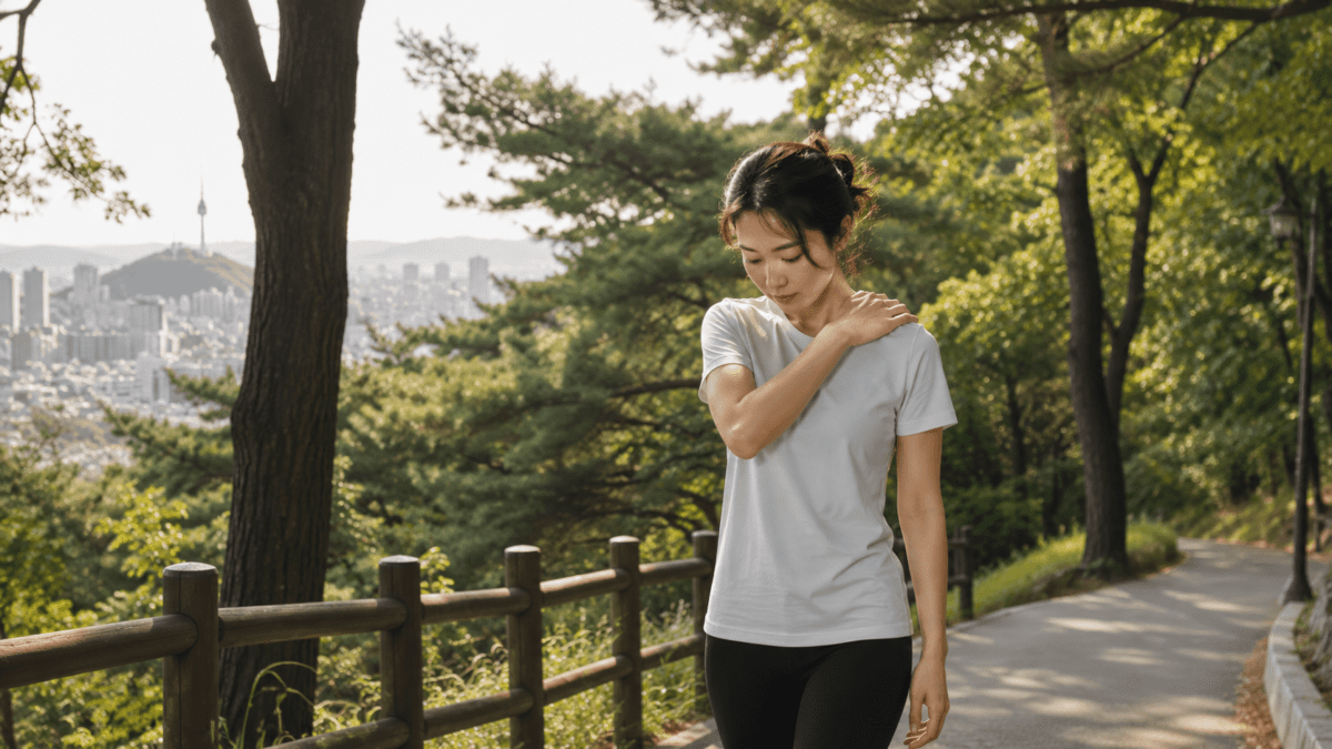 A woman walks alone on Namsan trail, one hand on her shoulder, Seoul spread out behind her — the body holding what people pleasing and anger couldn't release.