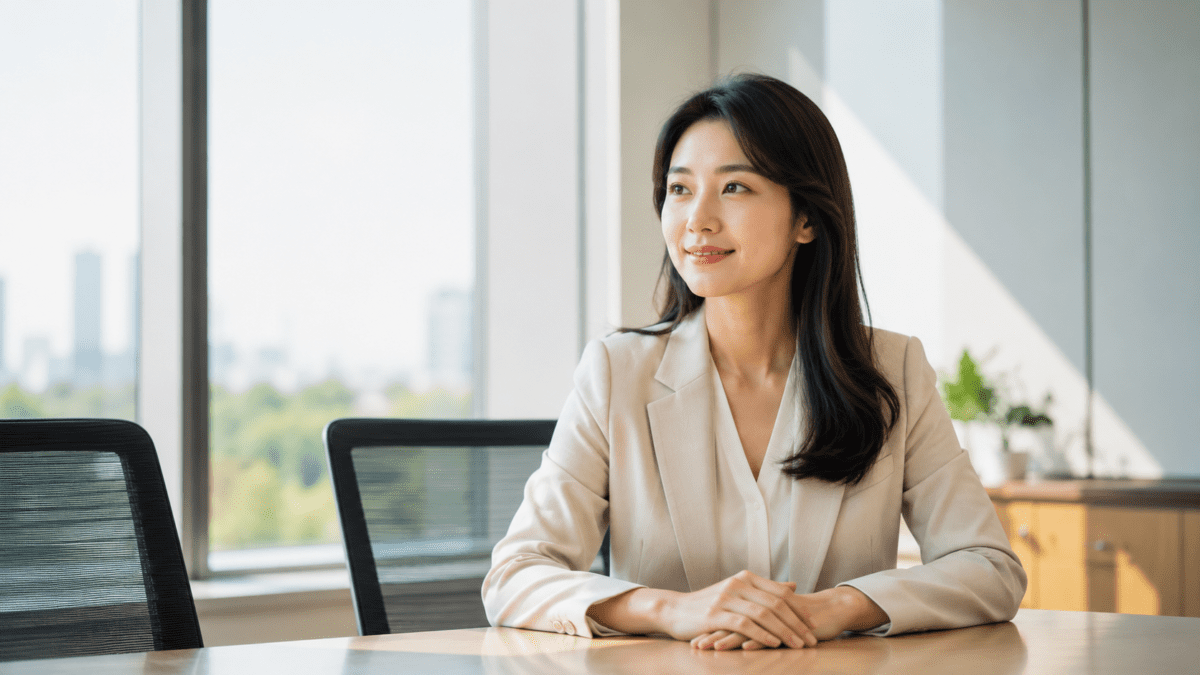 A woman sits in a meeting room, hands folded, smile in place — people pleasing and anger already rerouting before the feeling reaches the surface.