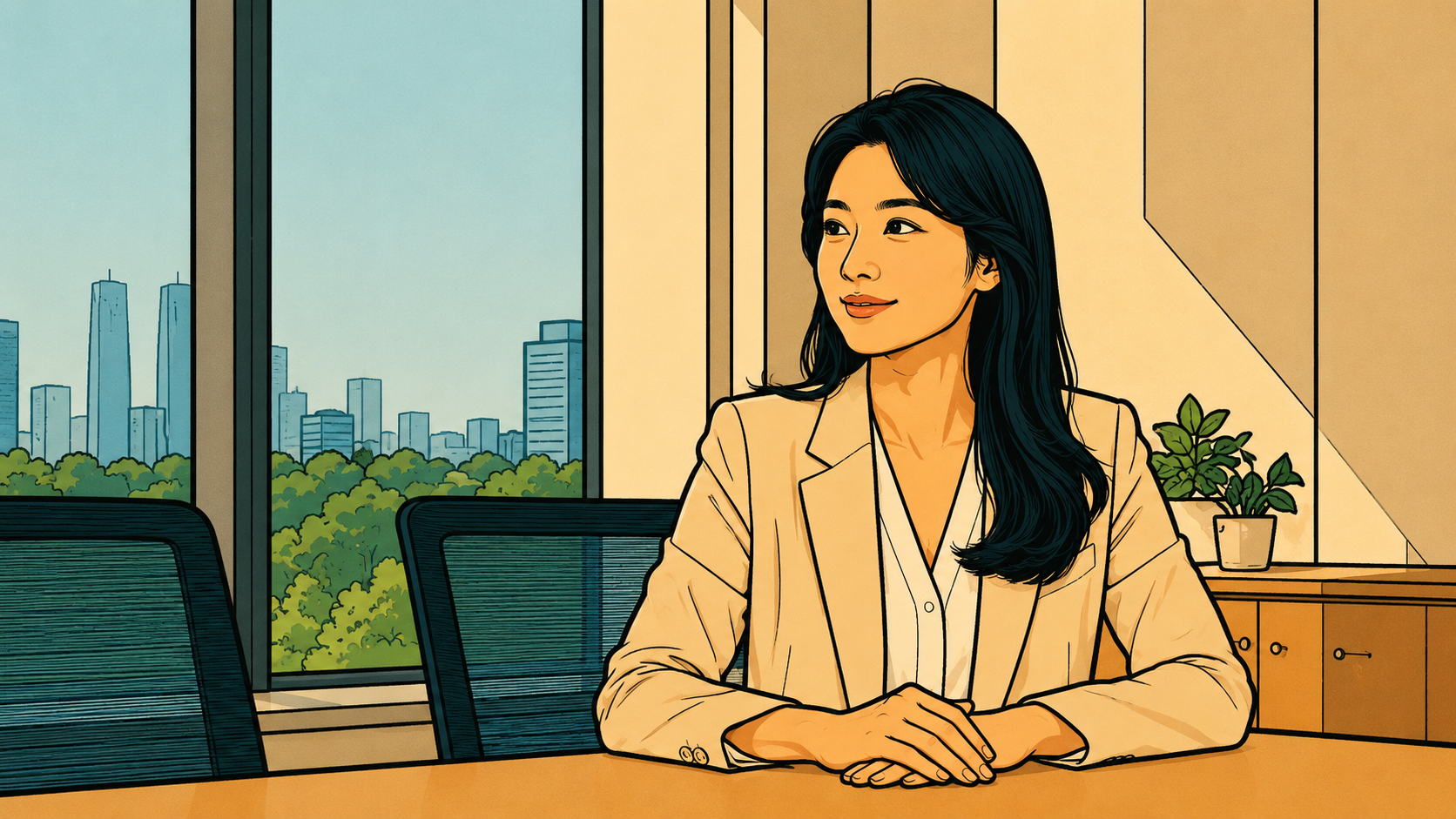A woman sits in a meeting room, hands folded on the table, smile steady — people pleasing and anger running quietly beneath what the room gets to see.