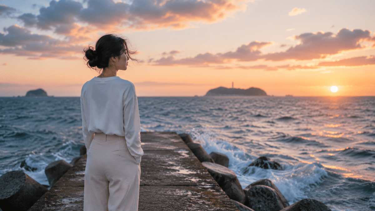 A woman stands alone at the edge of a breakwater, waves breaking beside her — the resentment of people pleasing and anger with nowhere left to go.