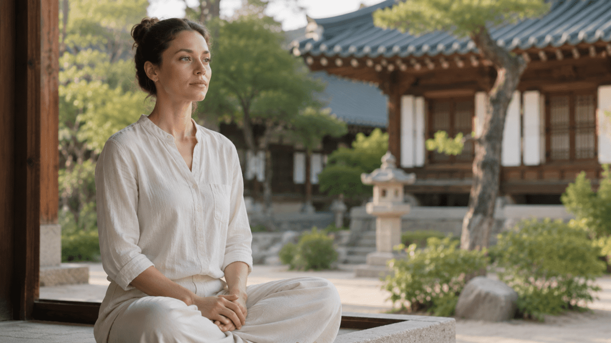 A woman sits alone in a temple courtyard, hands folded, gaze drifting — people pleasing and boundaries dissolving quietly before she notices they moved.