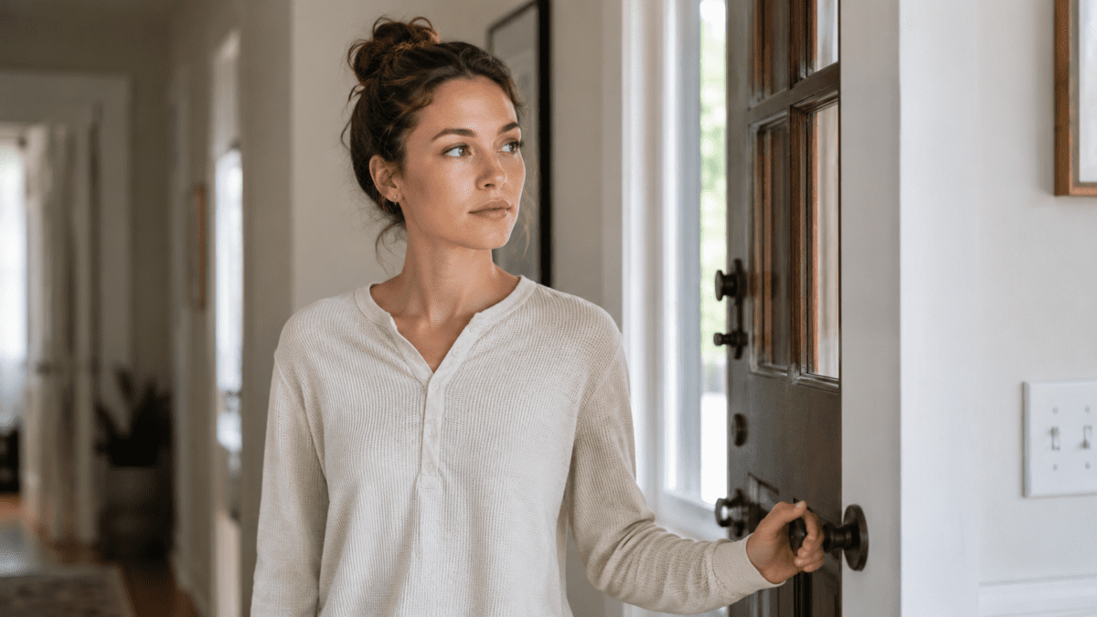 A woman stands at her front door, hand on the handle, gaze elsewhere — people pleasing and boundaries already recalculating before she decides whether to hold it.